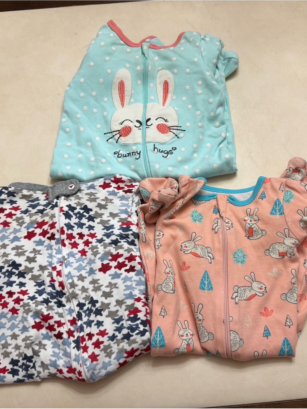 Baby Girls Bunny Print Zip Sleepers - Light Blue, Peach, Multicolor